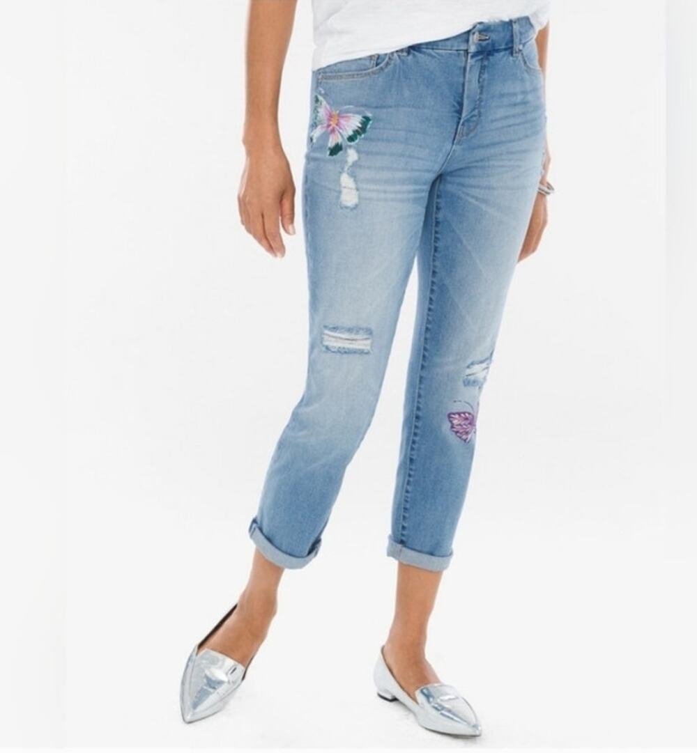Chico's So Slimming Painted Butterfly Girlfriend Cropped Jeans Sz Small